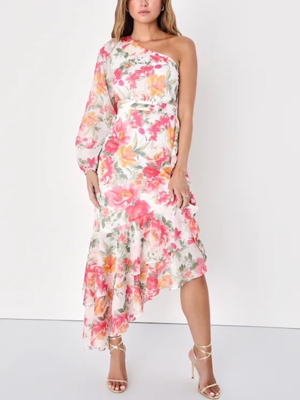 Lulu's One-Shoulder Floral Midi Dress in Pink and Peach